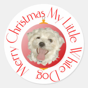 Sticker Rond Joyeux petit chien blanc de Noël