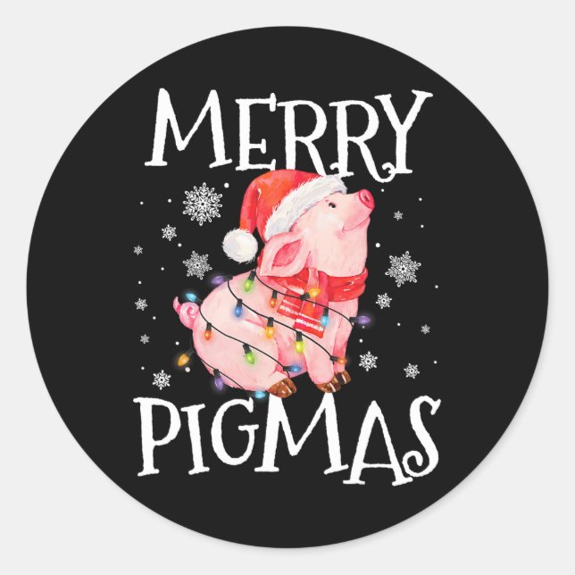 Sticker Rond Joyeux Pigmas Drôle Cochon Feux Noël Lumières Arbr (Devant)