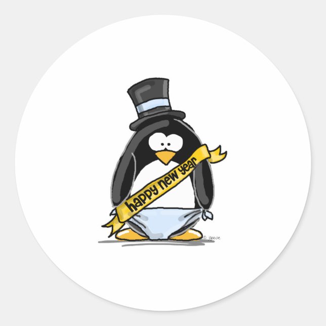 Sticker Rond Joyeux Pingouin du Nouvel An (Devant)