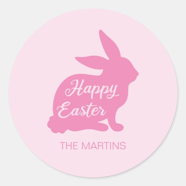 Sticker Rond Joyeux Pink Bunny de Pâques Nom Silhouette (Devant)