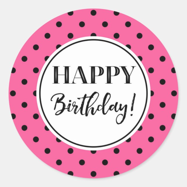 Sticker Rond Joyeux Points noirs blancs roses d'anniversaire (Devant)