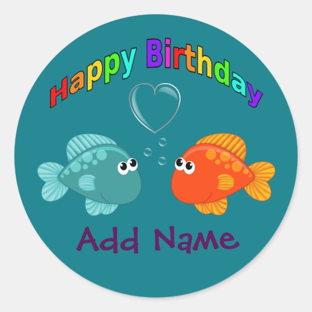 Sticker Rond Joyeux Poisson D'Anniversaire, Coeur, Personnalisé (Devant)