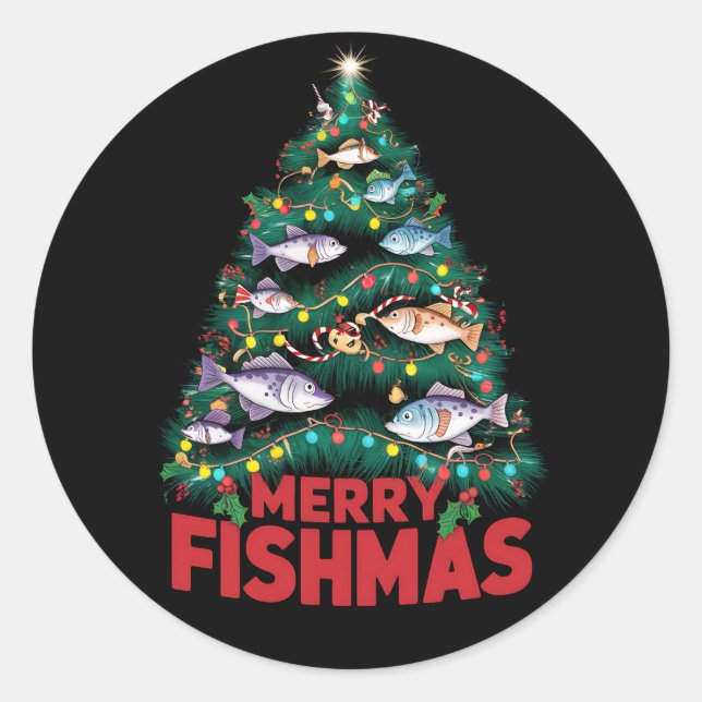 Sticker Rond Joyeux Poissons de Noël Lumières Poissons Pêche (Devant)