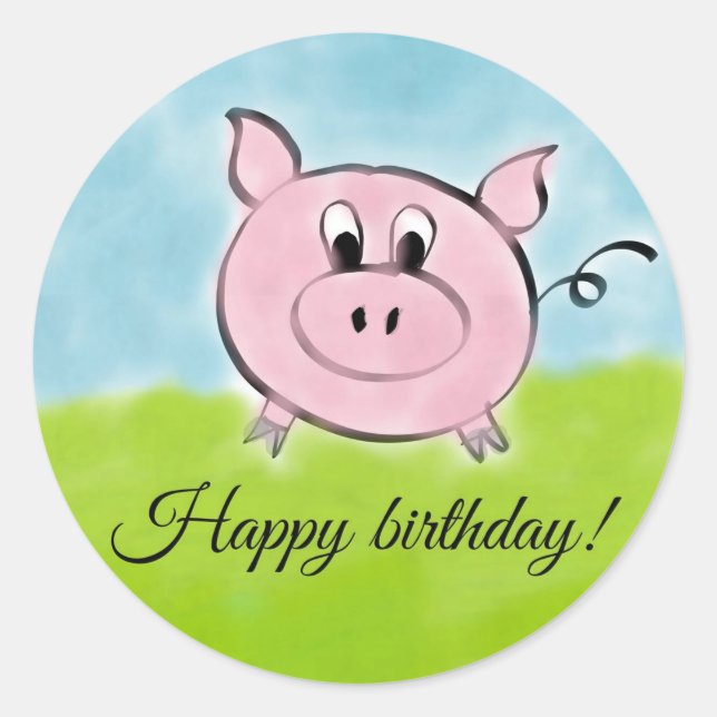 Sticker Rond Joyeux porc d'anniversaire (Devant)