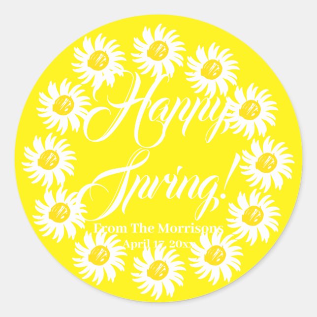 Sticker Rond Joyeux printemps jaune marguerite script personnal (Devant)