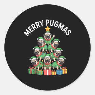 Sticker Rond Joyeux Pugmas Drôle de Pug Arbre de Noël Fête Long