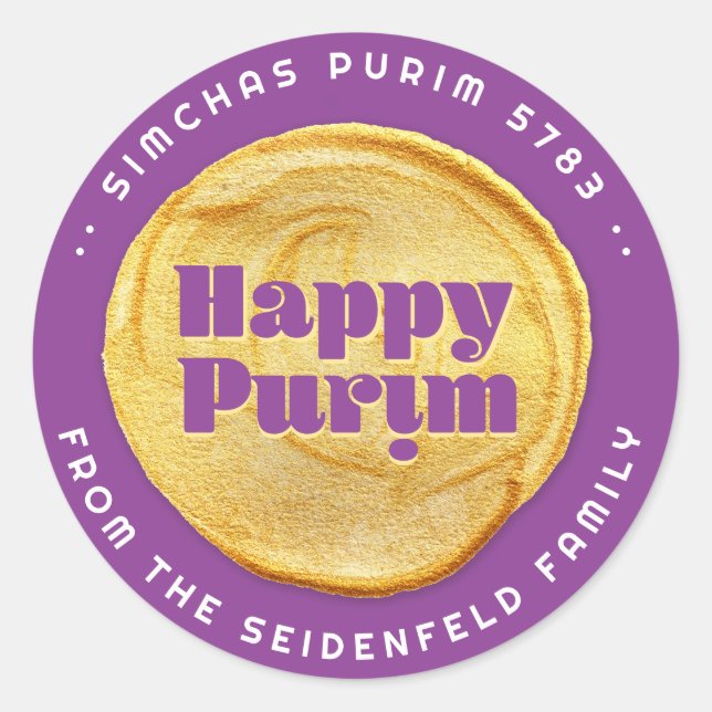 Sticker Rond Joyeux Purim Elegant Sceau Or Purple (Devant)