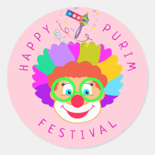 Sticker Rond Joyeux Purim Festival Funny Clown Kids Party