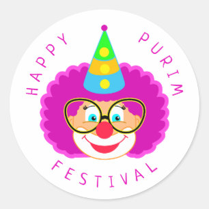 Sticker Rond Joyeux Purim Festival Funny Clown Kids Party