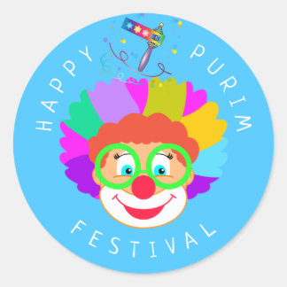 Sticker Rond Joyeux Purim Festival Funny Clown Kids Party