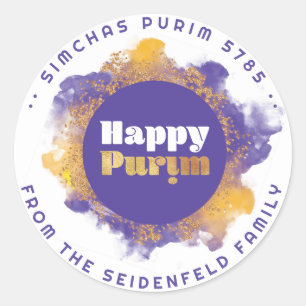 Sticker Rond Joyeux Purim Purple Personnalisé Monogramme Classi