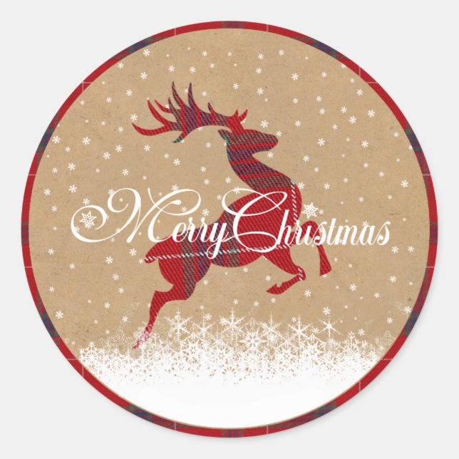 Sticker Rond Joyeux rennes de Noël Tartan Rouge/Kraft ID590 (Devant)