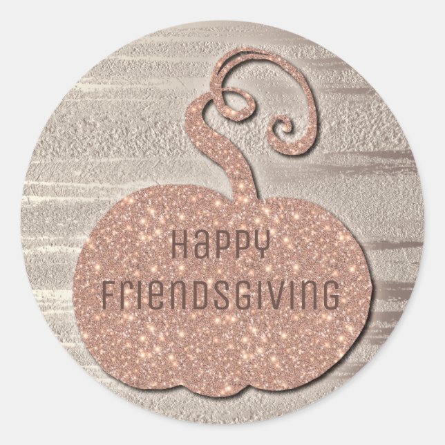 Sticker Rond Joyeux Rose Faux Friendsgiving Gold Pumplkin (Devant)