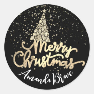 Sticker Rond Joyeux sapin de Noël Nom de script Gold BlackDiamo