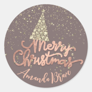 Sticker Rond Joyeux sapin de Noël Nom du script Rose Gold Diamo