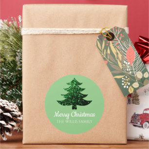 Sticker Rond Joyeux sapin vert de Noël Parkly Nom de famille