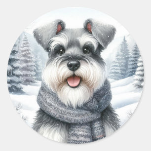 Sticker Rond Joyeux Schnauzer dans un art hivernal