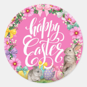 Sticker Rond Joyeux Script de Pâques Floral Pink Easter Bunny E