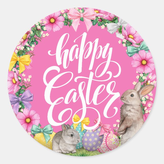 Sticker Rond Joyeux Script de Pâques Floral Pink Easter Bunny E (Devant)