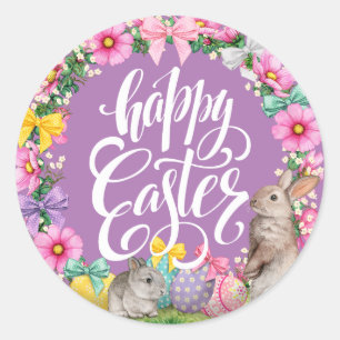 Sticker Rond Joyeux Script de Pâques Lavendar Floral Lapin de P