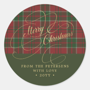 Sticker Rond Joyeux script d'or de Noël rustique rouge vert pla