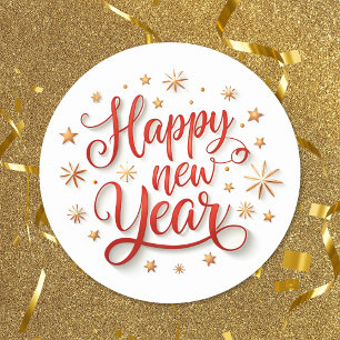 Sticker Rond Joyeux Script Gold Sparkle du Nouvel An