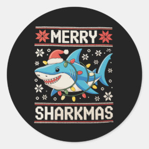 Sticker Rond Joyeux Sharkmas Sharkmas Noël laids lumières de No
