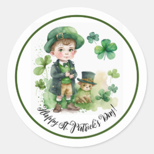 Sticker Rond Joyeux St.Patrick's Day Aquarelle Petit Irlandais 