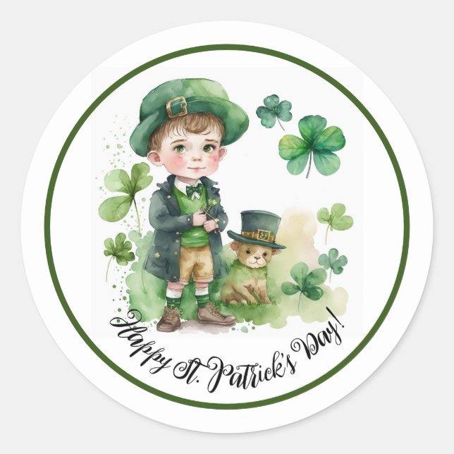 Sticker Rond Joyeux St.Patrick's Day Aquarelle Petit Irlandais  (Devant)