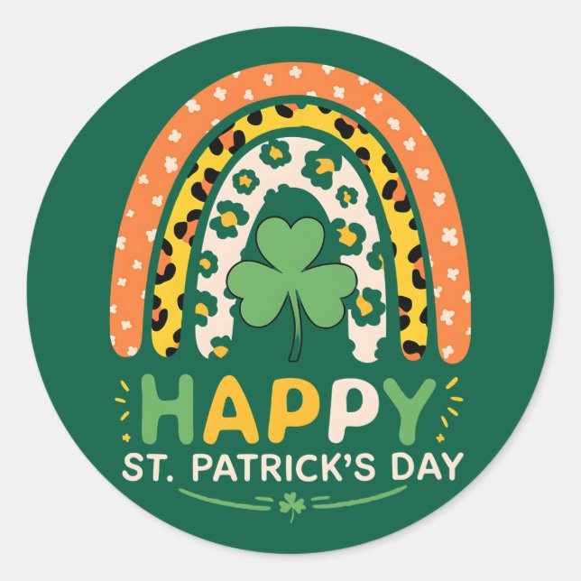 Sticker Rond Joyeux St Patrick's Day mignonne Rainbow Leopard (Devant)