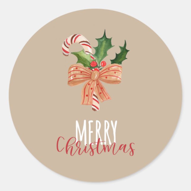 Sticker Rond Joyeux Sucre de canne d'aquarelle de Noël (Devant)