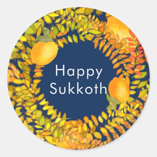 Sticker Rond Joyeux Sukkot emons et feuilles couronne bleu (Devant)