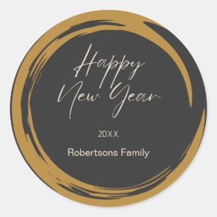 Sticker Rond Joyeux texte du Nouvel An anneau de tache d'or gri