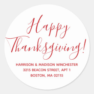 Sticker Rond Joyeux Thanksgiving adresse de retour blanc rouge