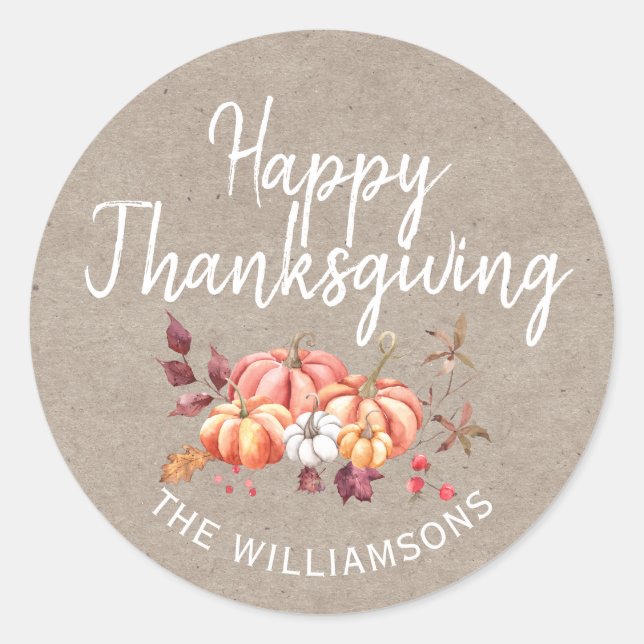 Sticker Rond Joyeux Thanksgiving Automne Citrouille Papier Kraf (Devant)