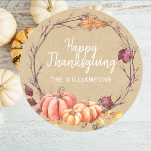 Sticker Rond Joyeux Thanksgiving automne citrouille papier kraf