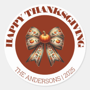 Sticker Rond Joyeux Thanksgiving blanc et marron élégant et mig