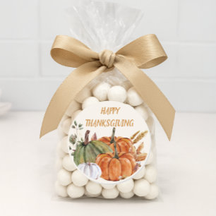 Sticker Rond Joyeux Thanksgiving Citrouilles Orange Vert Blanc