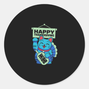 Sticker Rond Joyeux Thanksgiving Maneki Neko Chat Chanceux Japo