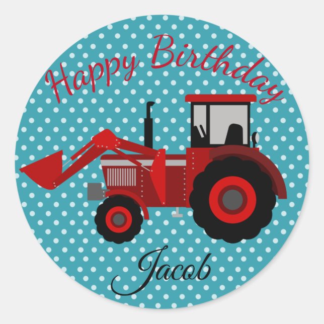 Sticker Rond Joyeux Tracteur rouge d'anniversaire (Devant)