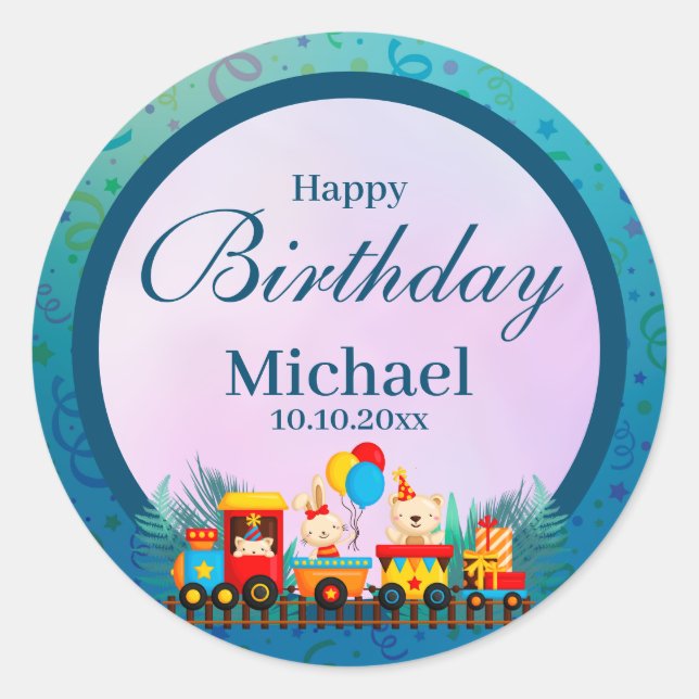 Sticker Rond Joyeux Train D'Anniversaire Avec De Beaux Souhaits (Devant)
