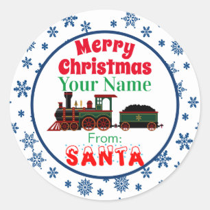 Sticker Rond Joyeux train de Noël de Père Noël Blue Snowflakes