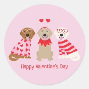 Sticker Rond Joyeux Valentines Day Golden Retriever Dogs