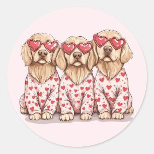 Sticker Rond Joyeux Valentines Day Golden Retriever Dogs