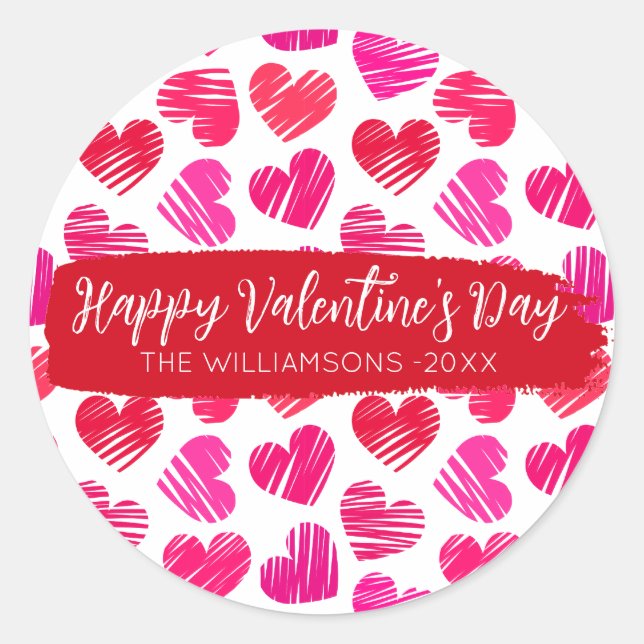 Sticker Rond Joyeux Valentines Day Moderne Rouge Rose Coeurs No (Devant)