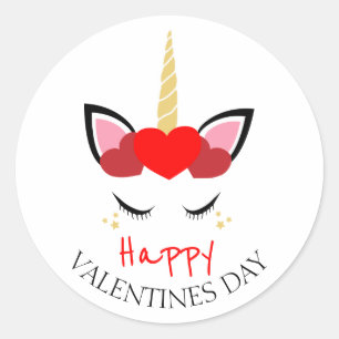 Sticker Rond Joyeux Valentines Day Unicorn Rose Red Hearts