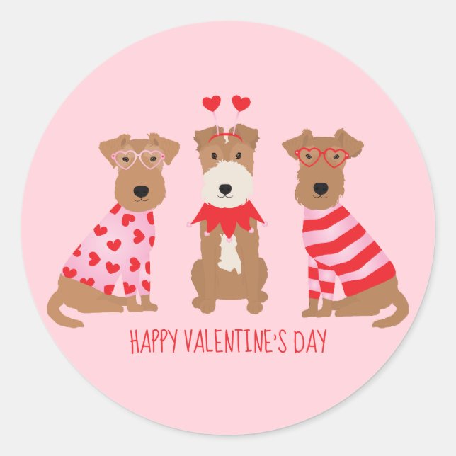 Sticker Rond Joyeux Valentines Day Welsh Wire Fox Terrier Chien (Devant)