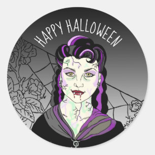 Sticker Rond Joyeux Vampire d'Halloween et toiles d'araignées