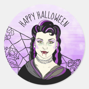 Sticker Rond Joyeux Vampire d'Halloween et toiles d'araignées