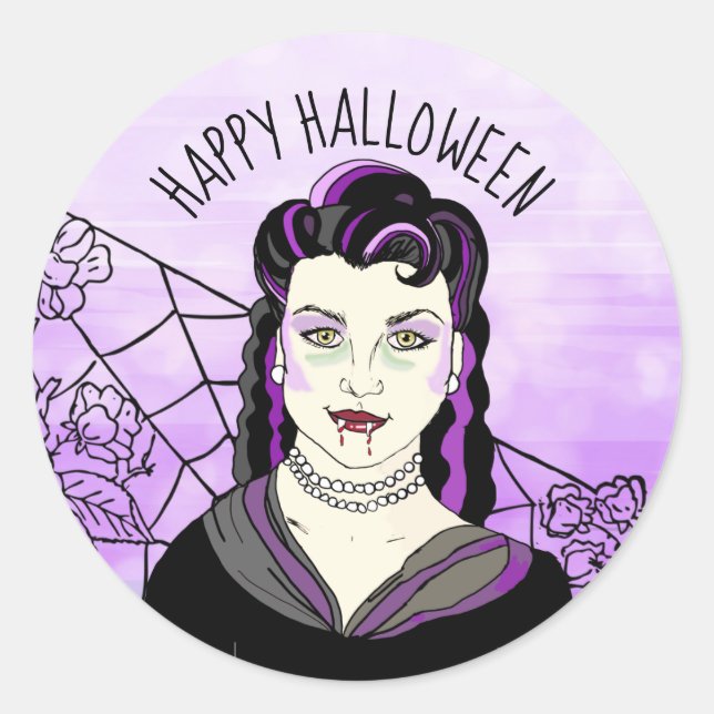 Sticker Rond Joyeux Vampire d'Halloween et toiles d'araignées (Devant)